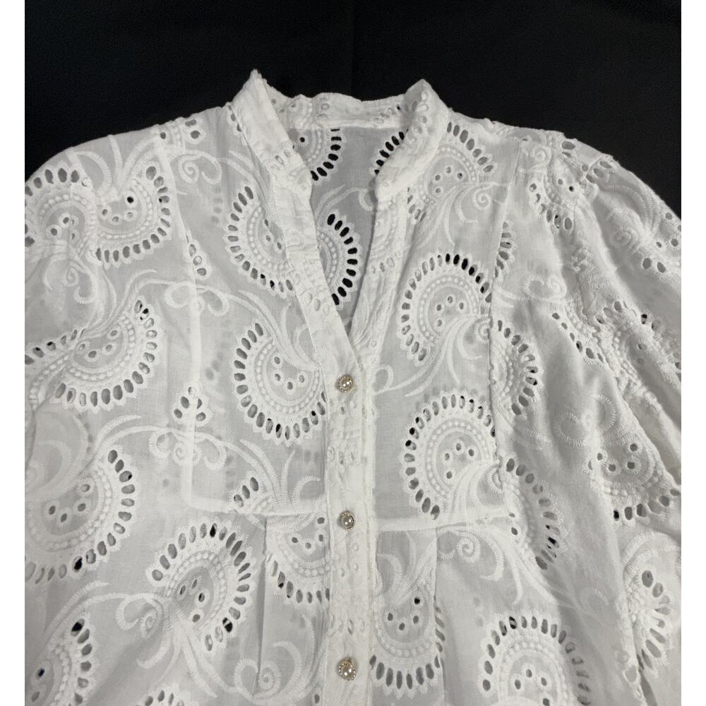 MALYNA White Lace Eyelet Tiered Flower V Neck Loose Short Dress Sz XL 10% cotton - Picture 6 of 14